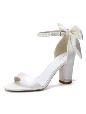 Satin Block Heel Sandals with Bow Pearl Ankle Strap for Wedding Bridal